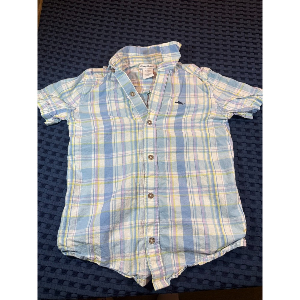 Tommy Bahama Shirt Boys Plaid Check Cotton Button Up Short Sleeve Large (10/12)